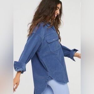 AERIE X OFFLINE L corduroy quarter-zip shacket, fringed hem, side pockets